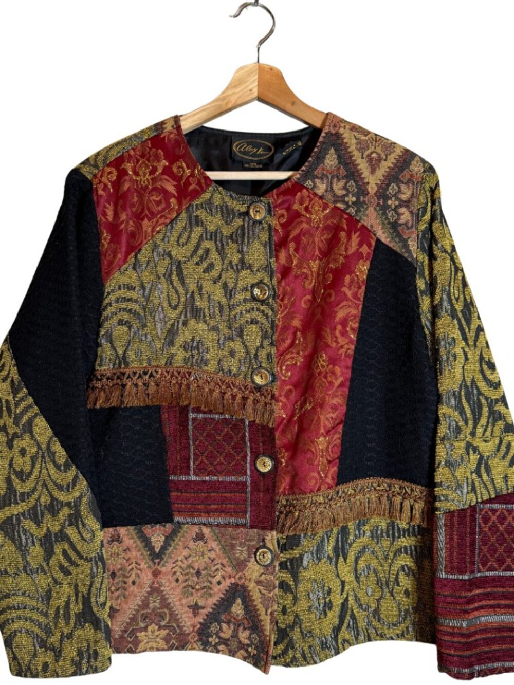 Vintage Alex Kim Patchwork Tapestry Blazer Jacket Women's Large Fringe Artsy 90s